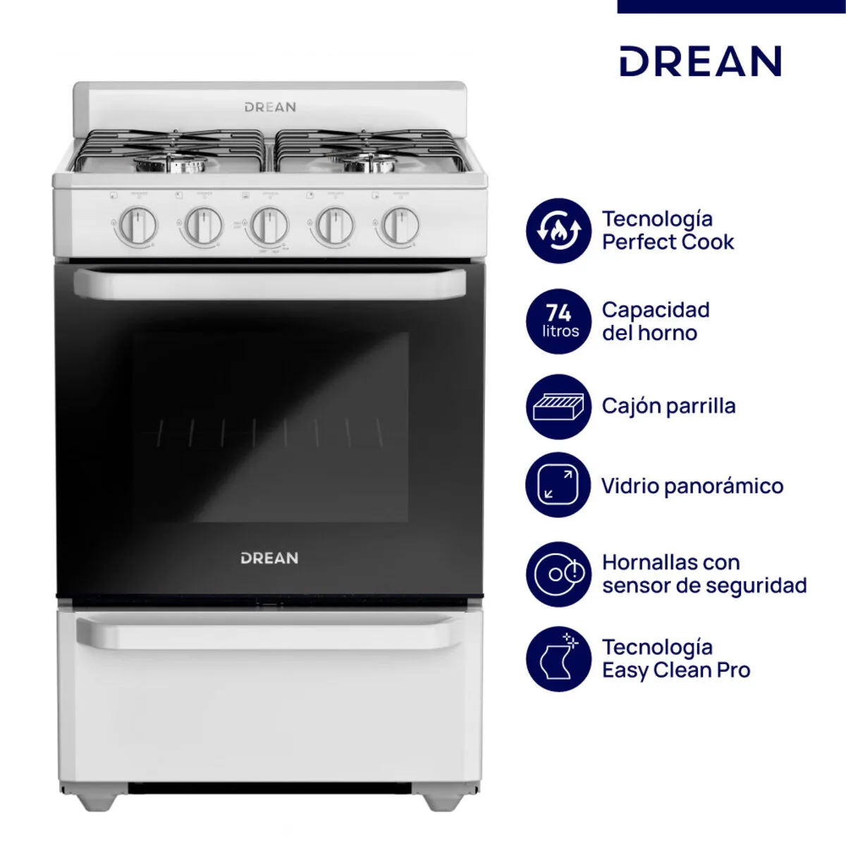 Cocina Multigas Drean 56cm Blanca 4 Hornallas Easy Clean Pro CD5602AB0