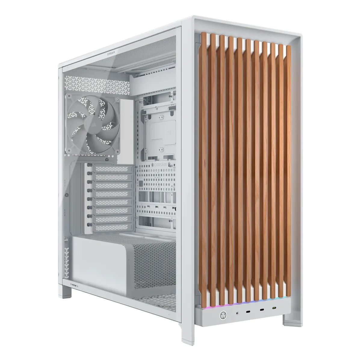 Gabinete Corsair FRAME 5000D WOOD RS Blanco Roble Mid-Tower E-ATX Frente de Madera Maciza 3 Ventiladores RS200 y RS140 CC-9011354-WW