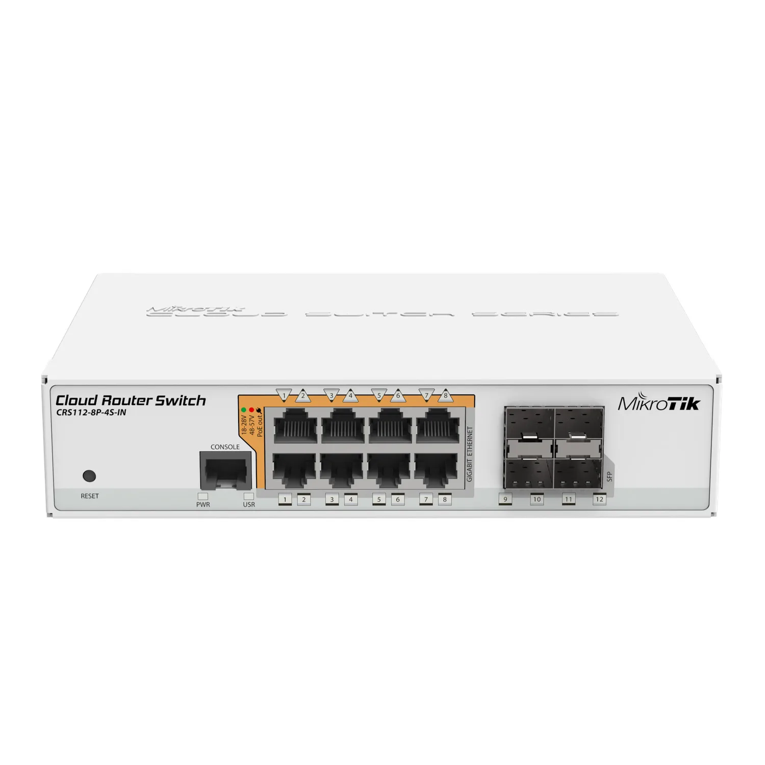 Cloud Router Switch 112-8P-4S-IN with QCA8511 400Mhz CPU, 128MB RAM, 8xGigabit LAN with PoE-out, 4xSFP, RouterOS L5, desktop case, PSU