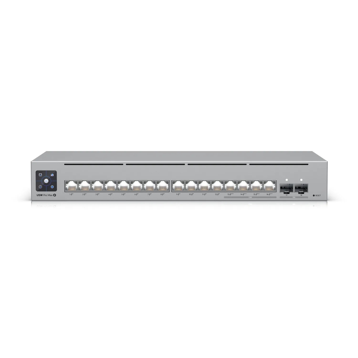 UniFi Layer 3 Etherlighting switch with (12) GbE PoE+, (4) 2.5 GbE PoE++, and (2) 10G SFP+ ports