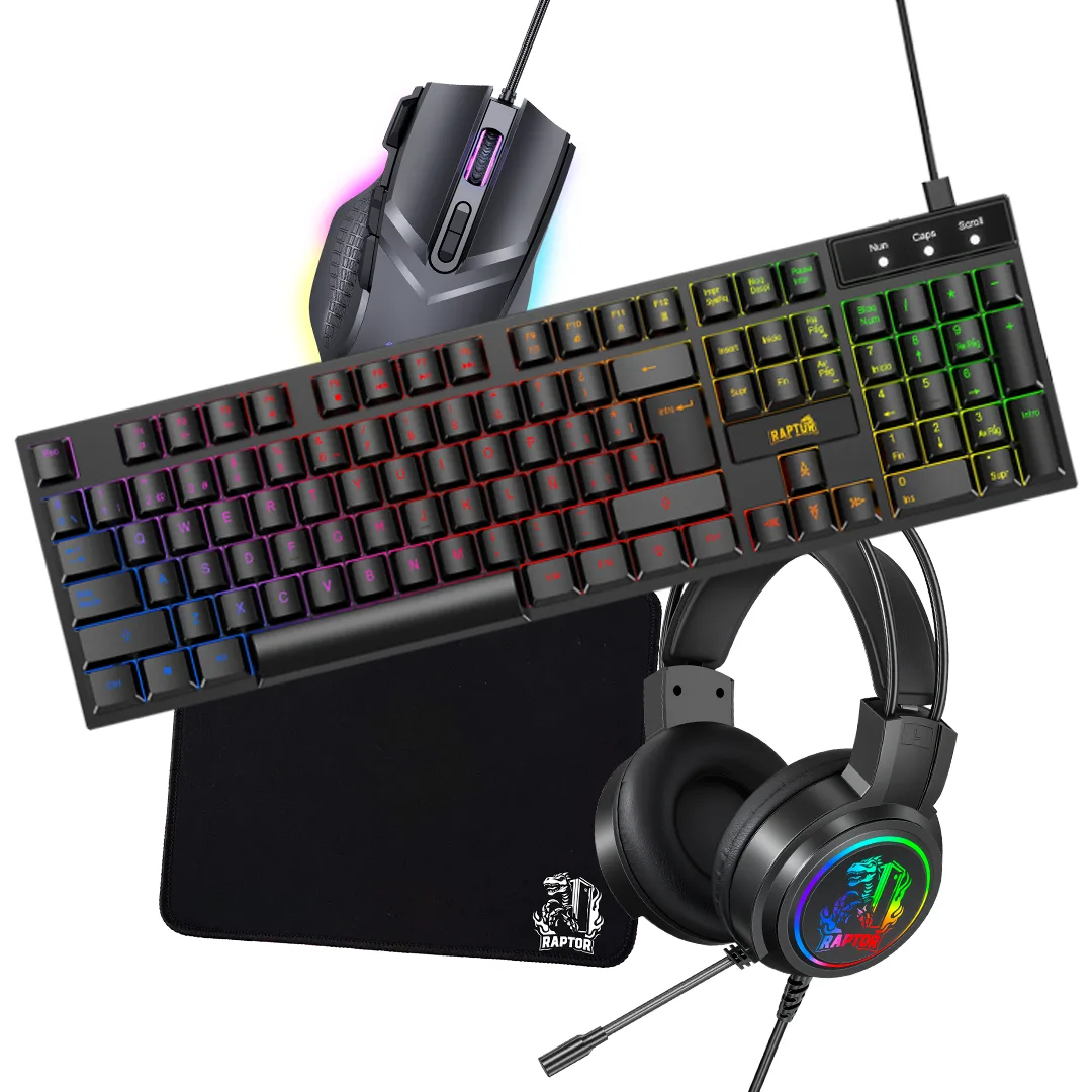 Combo Gamer Raptor Teclado Mecánico 104 Teclas + Mouse RGB 7200dpi + Mouse Pad S + Auricular 3.5 (3088)
