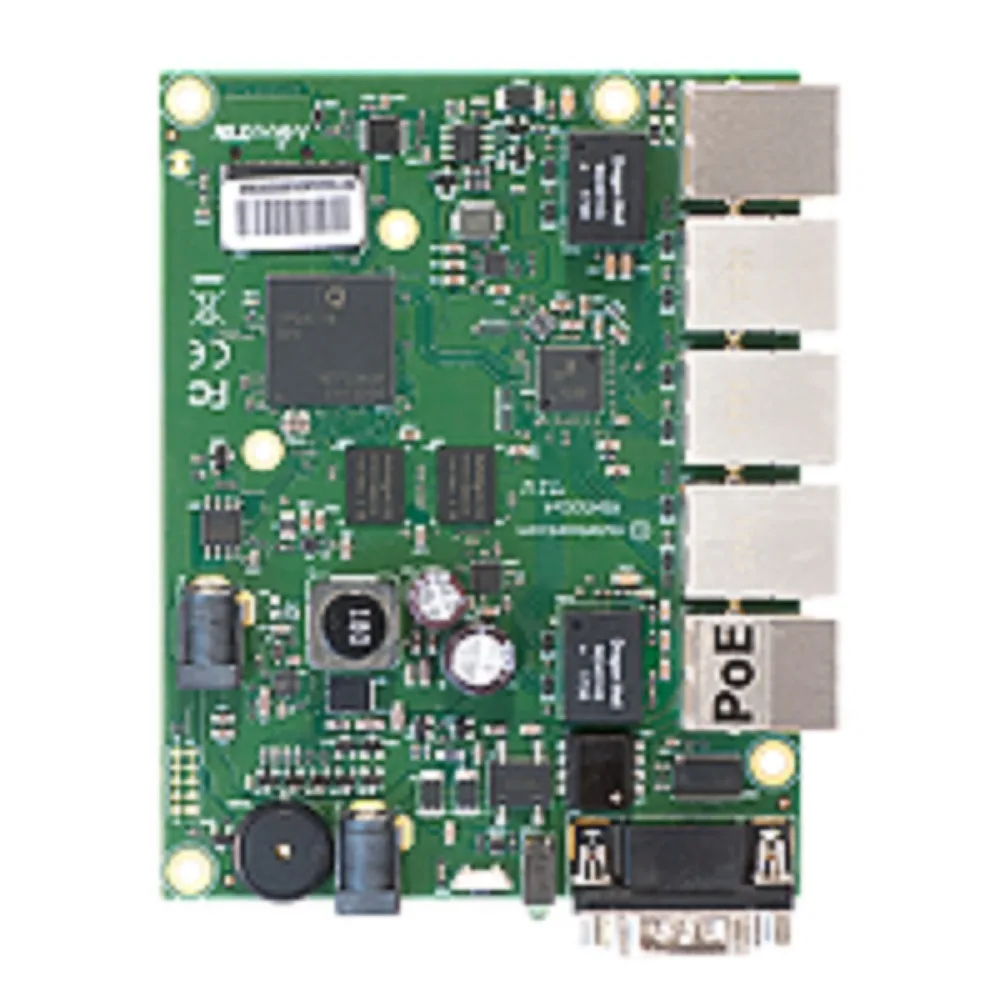 RouterBOARD 450Gx4 with four core 716MHz Atheros CPU, 1 GB RAM, 5 Gigabit LAN ports, PoE OUT on port #5, RouterOS L5