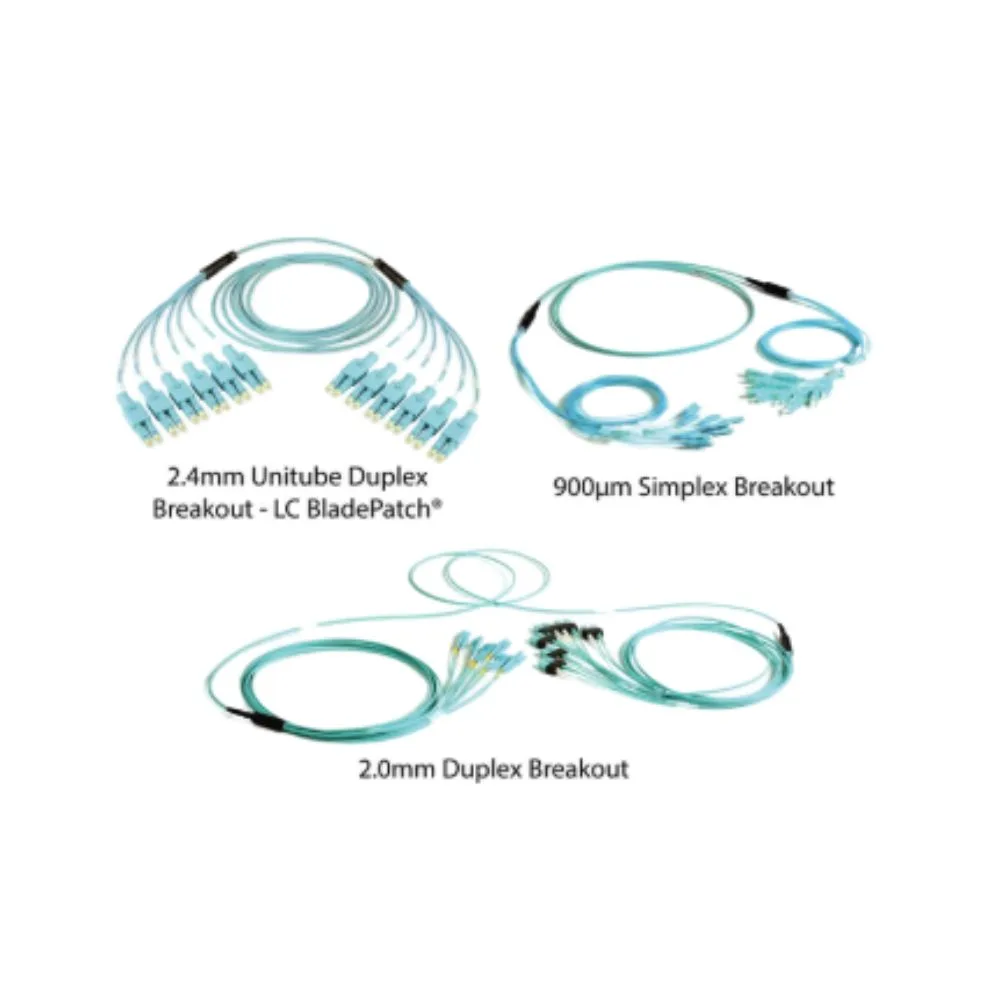 Fiber,Trunk,RazorCore,24 Fiber,Indoor,XGLO,Multimode,LC BladePatch,2.4MM,LC BladePatch,2.4MM,OM4,50/125,Aqua,LSOH-3C,Pulling Eye Side A & B,040 Meter