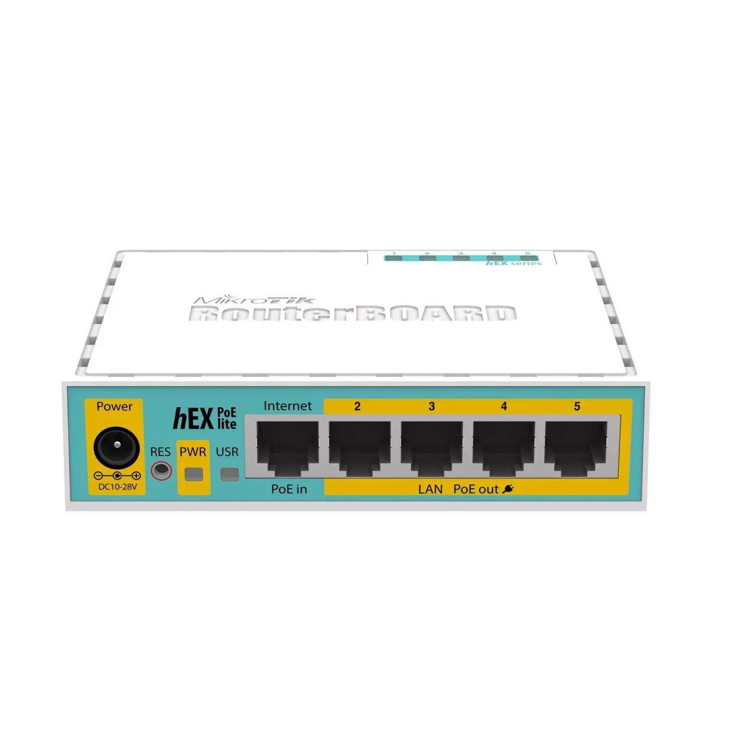 hEX PoE lite with 650MHz CPU, 64MB RAM, 5xLAN (four with PoE out), USB, RouterOS L4, plastic case and PSU