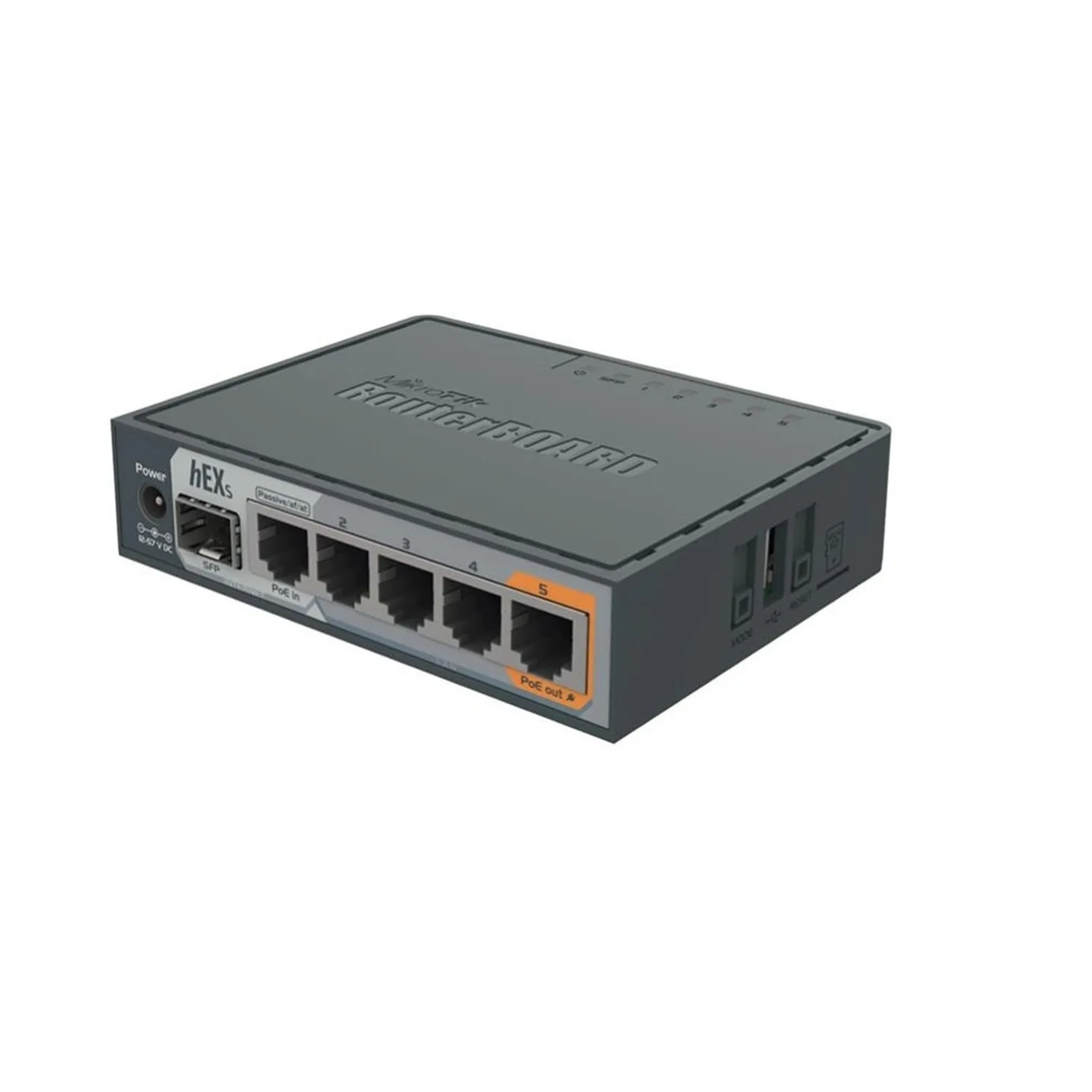 hEX S with Dual Core 880MHz MHz CPU, 256MB RAM, 5 Gigabit LAN ports, SFP, USB, PoE-out on port #5, RouterOS L4, plastic case, PSU