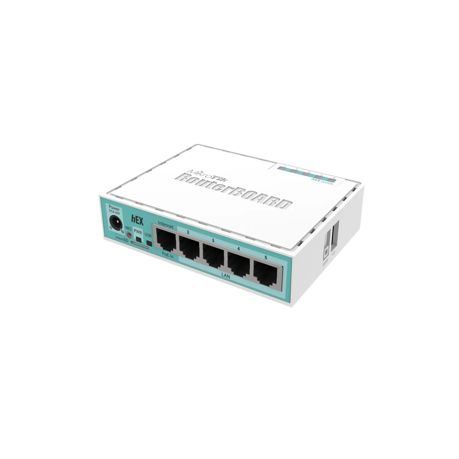 hEX with Dual Core 880MHz MHz CPU, 256MB RAM, 5 Gigabit LAN/WAN, USB, RouterOS L4 SIN FUENTE