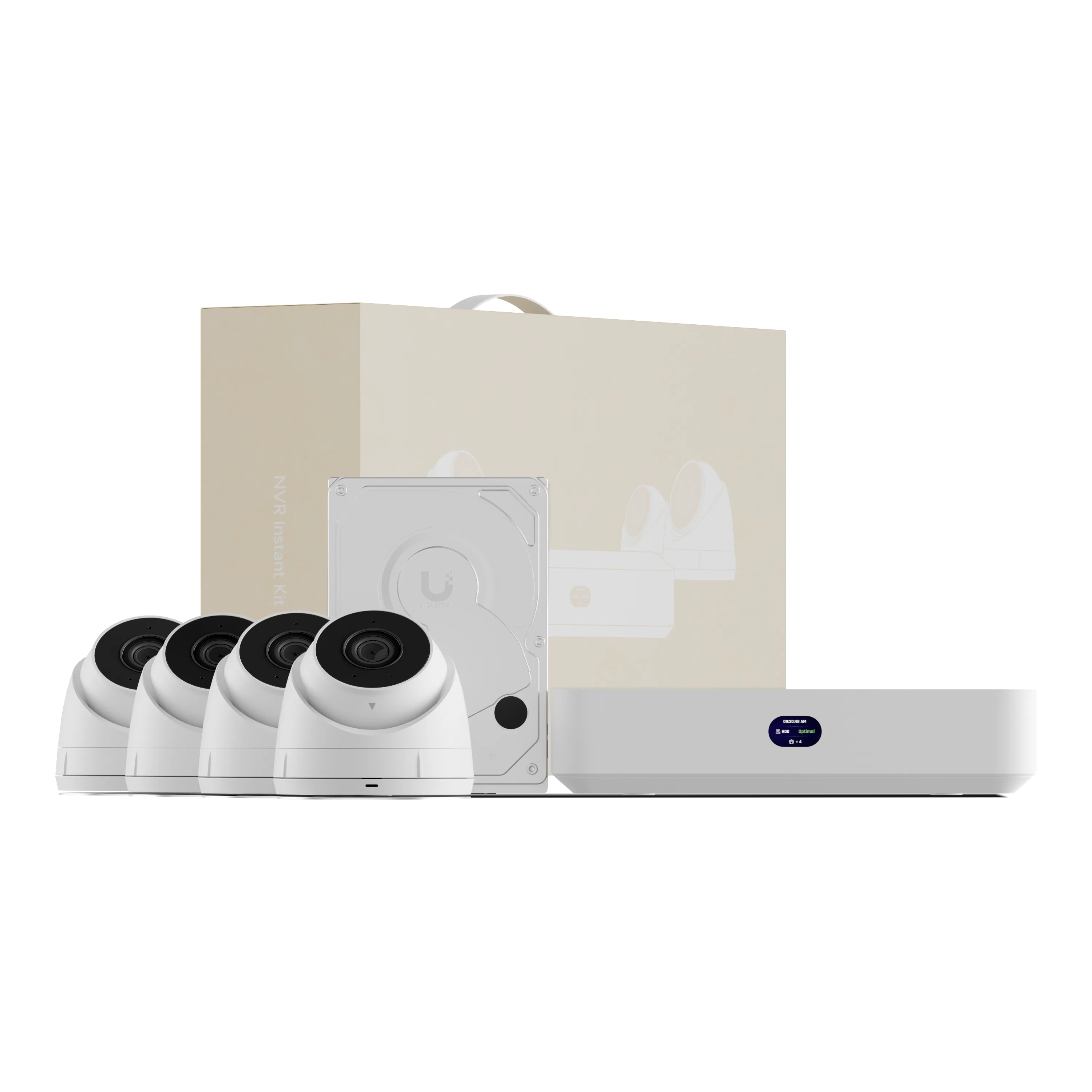 Compact UniFi Protect NVR Kit, includes (1) UniFi Protect NVR Instant with (4) G5 Turret Ultra cameras and (1) 1TB HDD, delivering an all-in-one solution for fast and effortless setup.